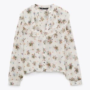 ZARA RUFFLED FLORAL SEMI SHEER BLOUSE